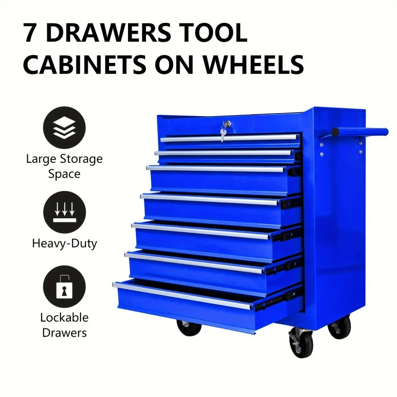Workshop Tools Cabinet - 7-laden blauwe multifunctionele gereedschapswagen met wielen,